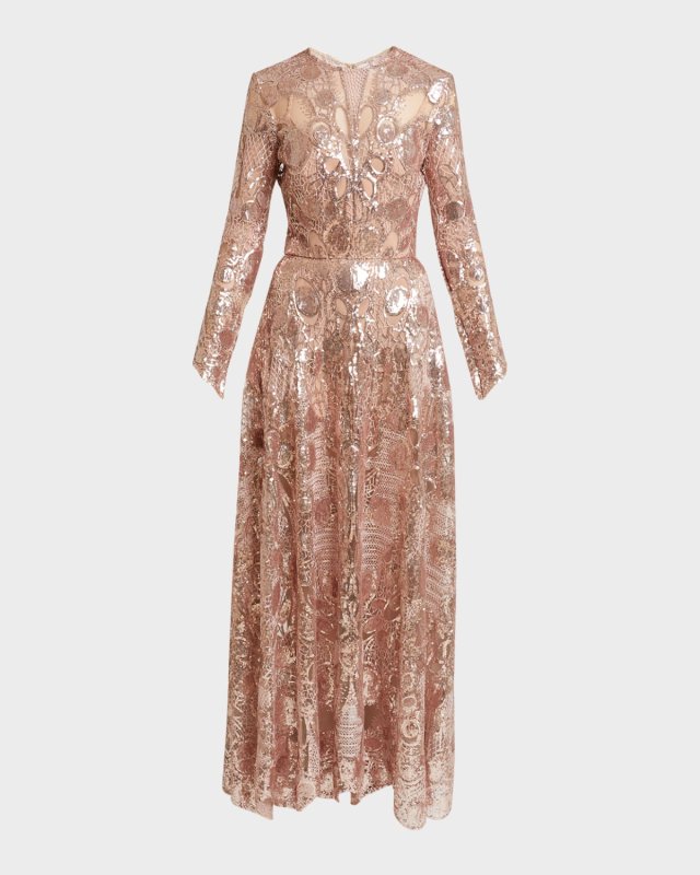 Sequin Embroidered Tulle Long-Sleeve Gown